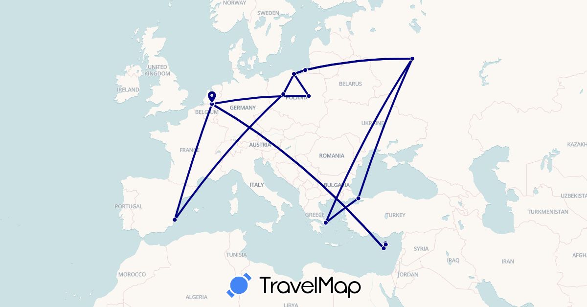 TravelMap itinerary: driving in Cyprus, Spain, Greece, Netherlands, Poland, Russia, Turkey (Asia, Europe)
